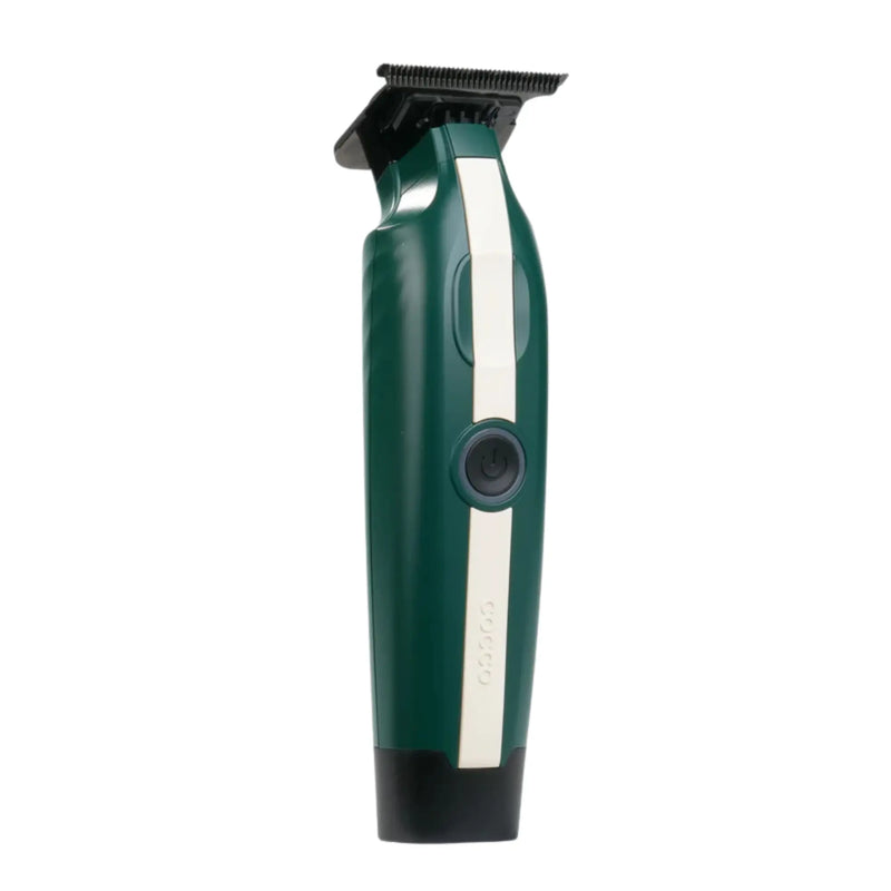 Cocco Veloce Lite green trimmer front view with power button, cordless professional hair cutting and edging tool