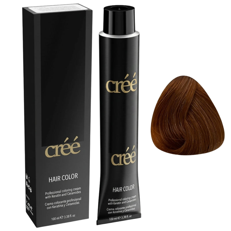 Créé hair color kit showing a black box, a black tube of cream-colored hair dye, and a triangular sample of the resulting medium brown hair color on a white background.