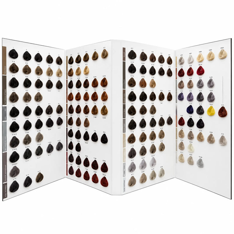 A hair color swatch chart display featuring multiple rows of teardrop-shaped hair swatches in various shades, including black, brown, blonde, red, purple, and gray, arranged on white panels.