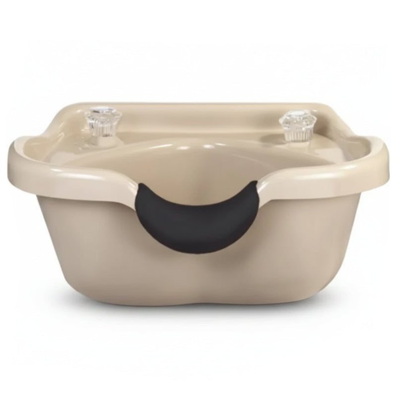 Beige pet water bowl with black rubber ring on a white background