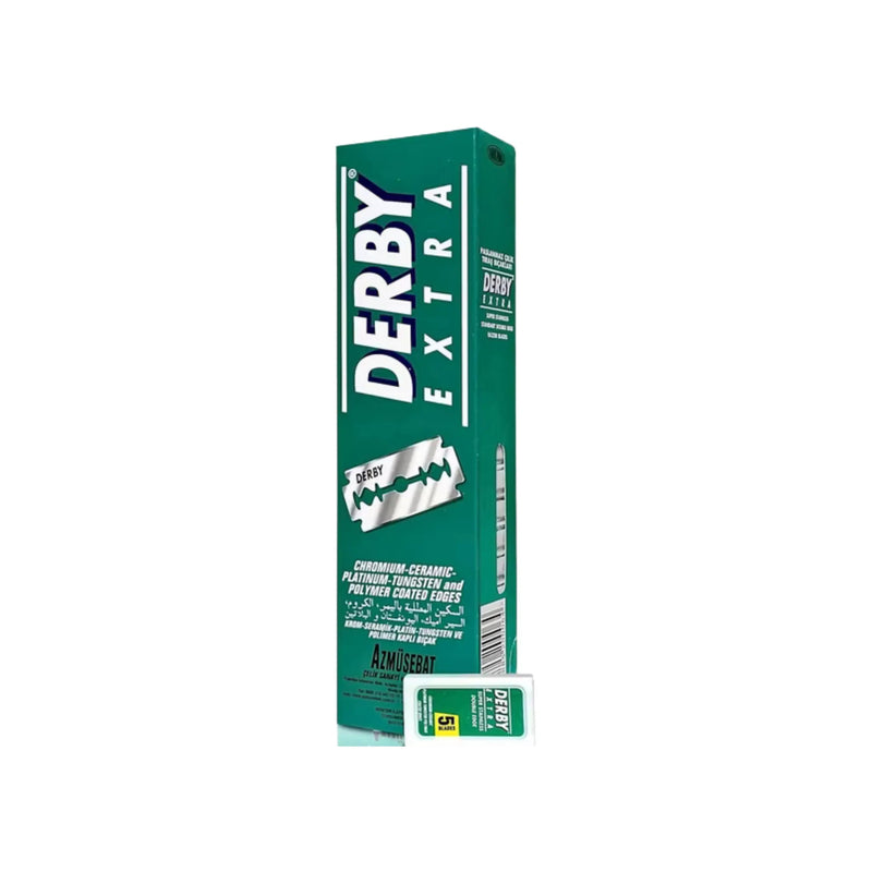 Box of Derby Extra razor blades on a white background