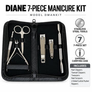 Diane 7-Piece Manicure Kit DMANKIT infographic showing stainless steel tools, case, and included pieces