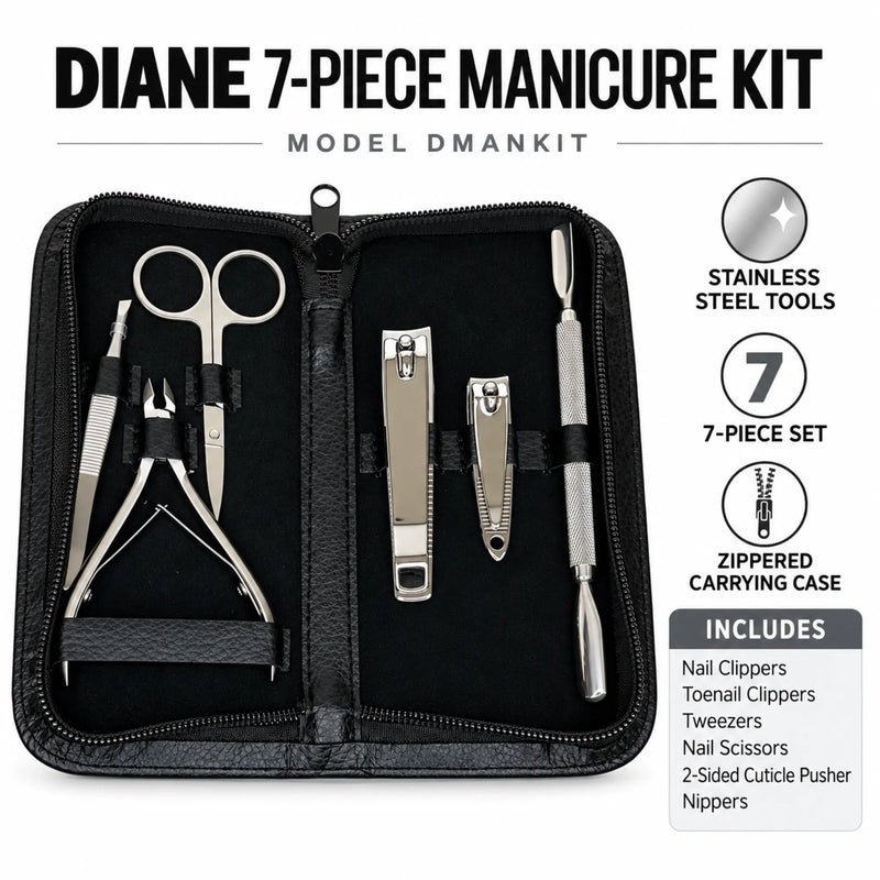 Diane 7-Piece Manicure Kit DMANKIT infographic showing stainless steel tools, case, and included pieces