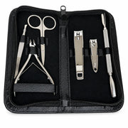 Diane 7-Piece Manicure Kit DMANKIT opened on white with stainless steel tools and black carrying case
