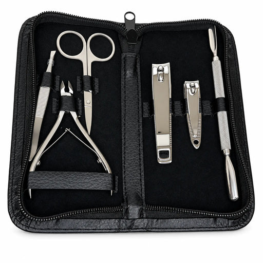 Diane 7-Piece Manicure Kit DMANKIT opened on white with stainless steel tools and black carrying case