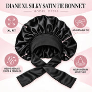 Diane XL satin tie bonnet infographic highlighting adjustable fit, moisture retention and frizz reduction