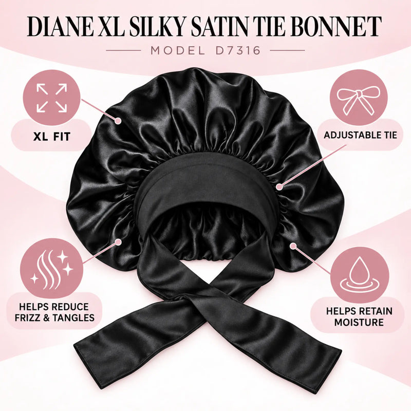 Diane XL satin tie bonnet infographic highlighting adjustable fit, moisture retention and frizz reduction