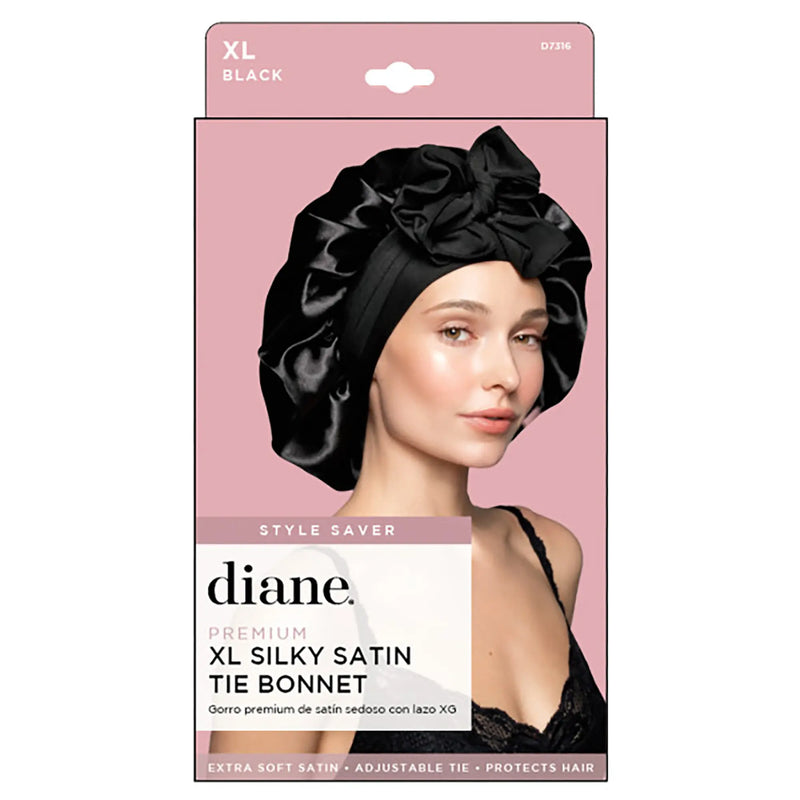 iane XL Silky Satin Tie Bonnet Black D7316 in its pink packaging