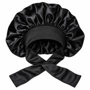 Black Diane XL silky satin bonnet with wide band and adjustable tie straps