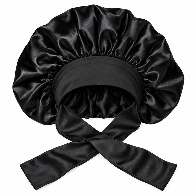 Black Diane XL silky satin bonnet with wide band and adjustable tie straps