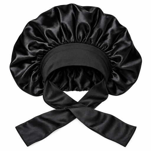 Black Diane XL silky satin bonnet with wide band and adjustable tie straps