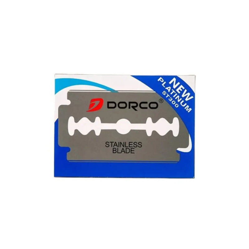Dorco stainless steel blade packaging with blue and white design