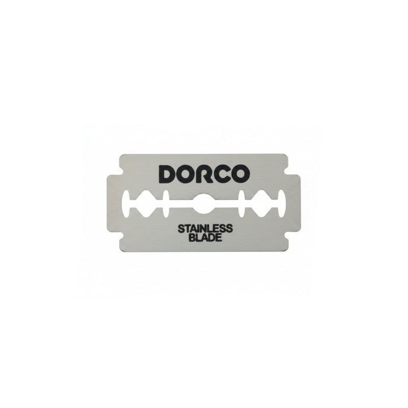 Dorco stainless steel razor blade on a white background