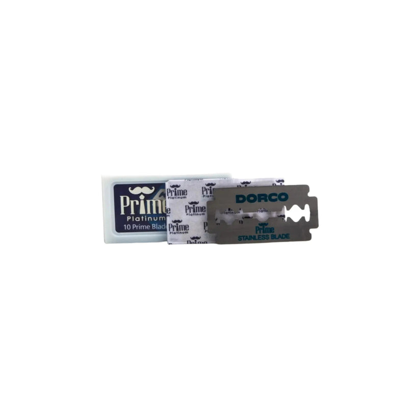 Two razor blades with 'Prime' and 'Dorco' branding on a white background