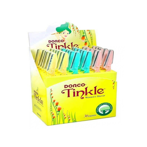Display box of Dorco Tinkle women's shavers with multiple razors inside.