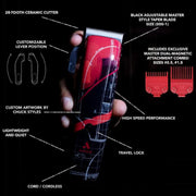 A hand holds a red and black cordless hair clipper against a black background with multiple white callout lines and text describing features such as 28-tooth ceramic cutter, adjustable master style blade size, guide combs, and cordless design. Two red guide combs are shown on the right.