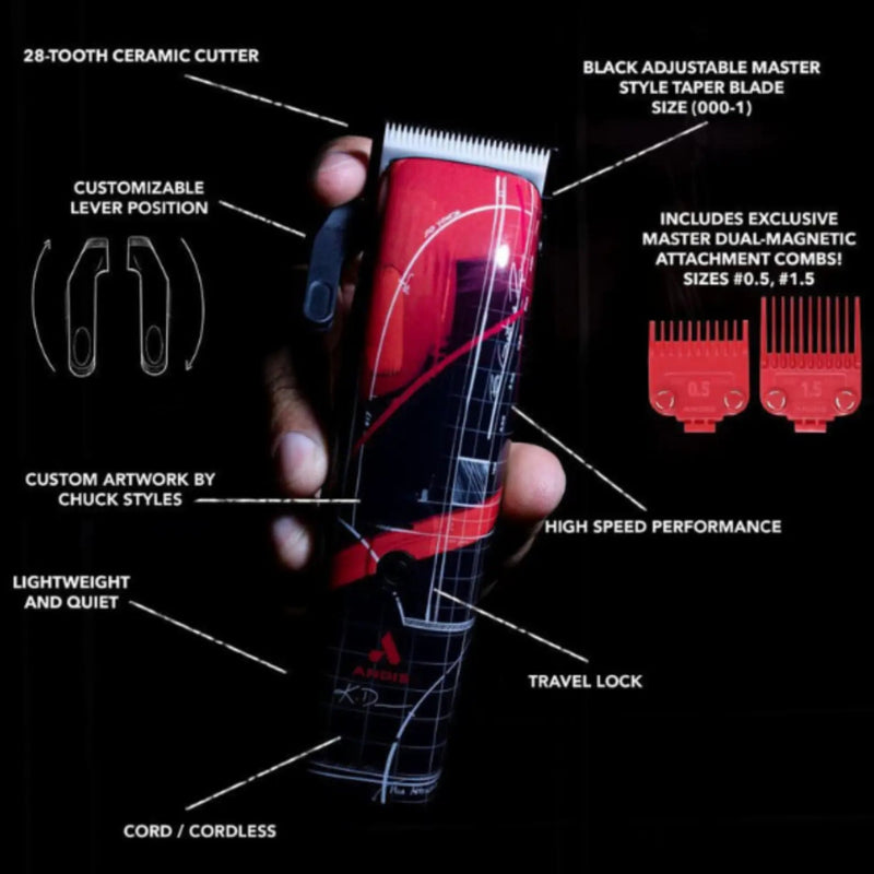 A hand holds a red and black cordless hair clipper against a black background with multiple white callout lines and text describing features such as 28-tooth ceramic cutter, adjustable master style blade size, guide combs, and cordless design. Two red guide combs are shown on the right.
