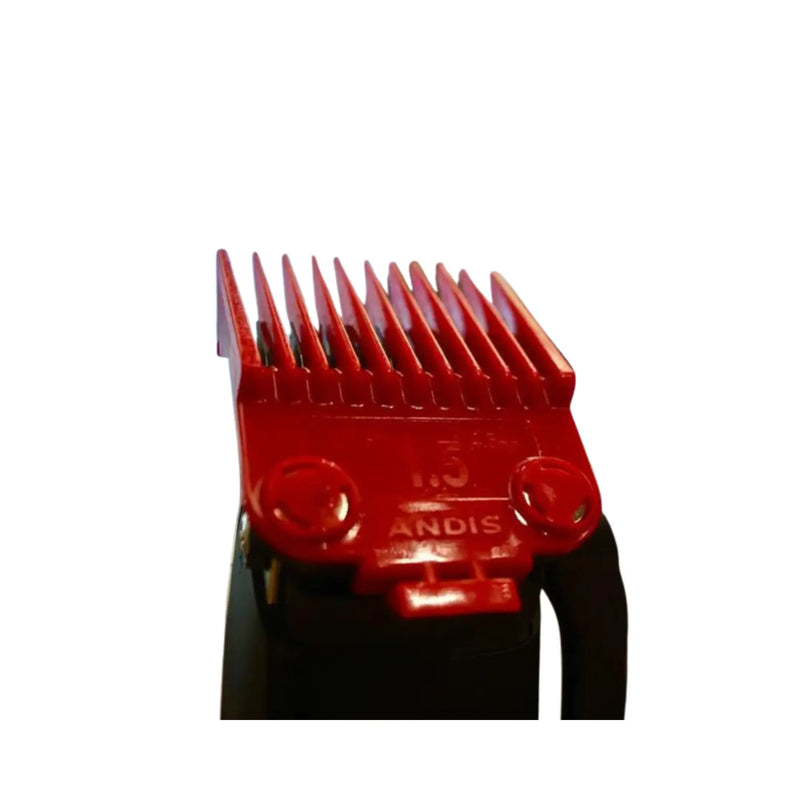A red plastic clipper guide comb attachment with embossed text reading '1.5"' and 'ANDIS', shown attached to a black clipper against a plain white background.