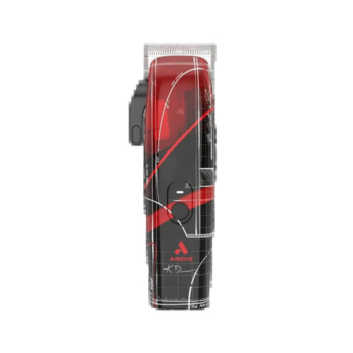 A close-up of a black and red hair clipper with a clear protective cover, showing the brand logo and 'KD' marking on the side.