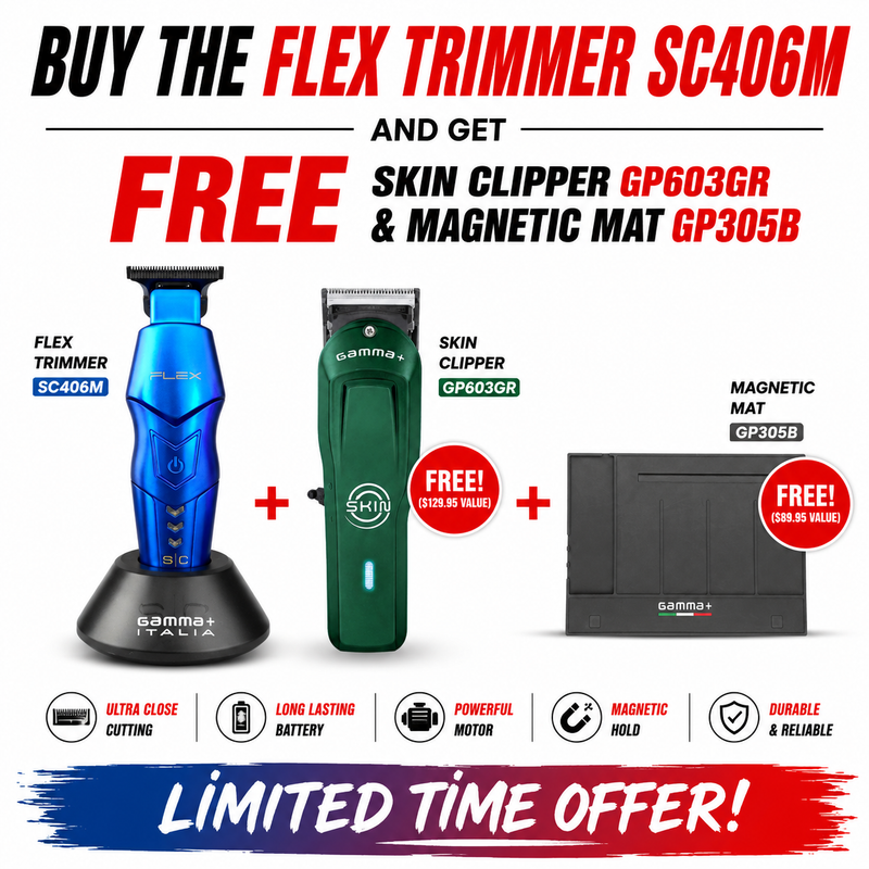Promotional image of Flex Trimmer SC406M with free skin clipper and magnetic mat offer.