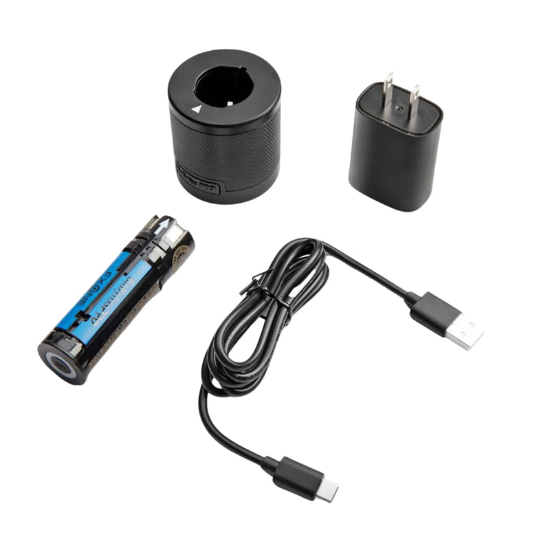 Collection of electronic components including a cylindrical black device, battery, charging cable, and plug on a white background.