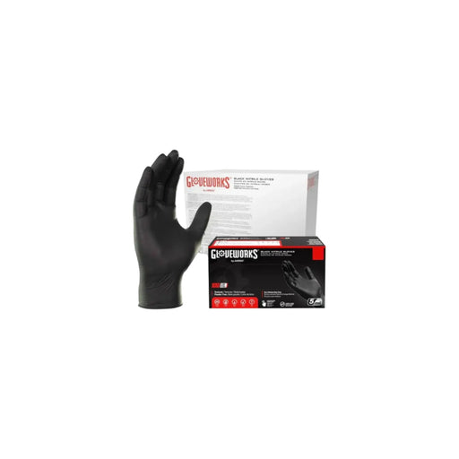 Black nitrile gloves with Gloveworks packaging on a white background