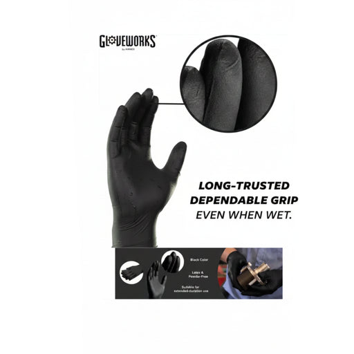 Black glove with close-up of texture and text highlighting durability, shown with GloveWorks branding.