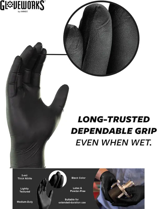 GLOVEWORKS Black Nitrile gloves 5MIL Assorted Sizes