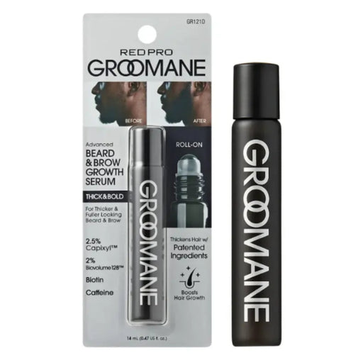 Groomane beard and brow growth serum packaging and roll-on bottle on a white background
