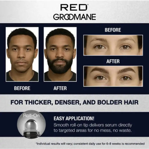 Advertisement for Red Groomane hair product showing before and after effects on hair and face.