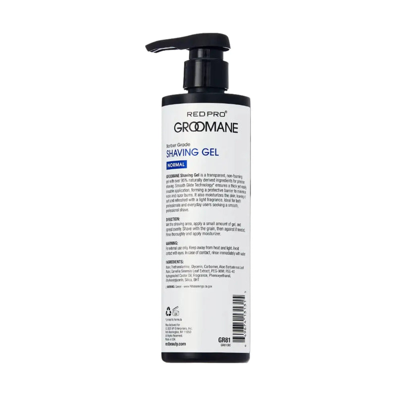 Back view of Groomane shaving gel normal formula with ingredient list, usage instructions, and product information