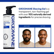 Before and after shave comparison using Groomane shaving gel showing smooth skin and clean finish