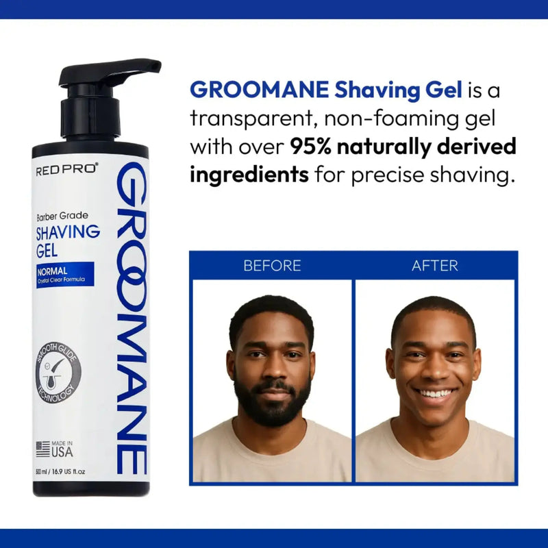 Before and after shave comparison using Groomane shaving gel showing smooth skin and clean finish