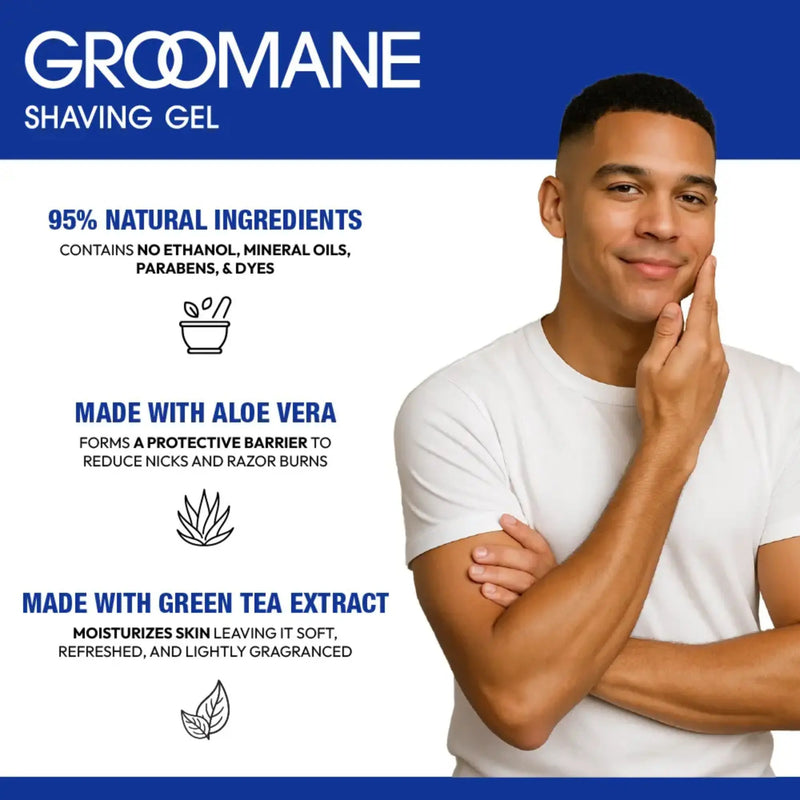 Groomane shaving gel with 95 percent natural ingredients, aloe vera and green tea extract for smooth hydrated skin