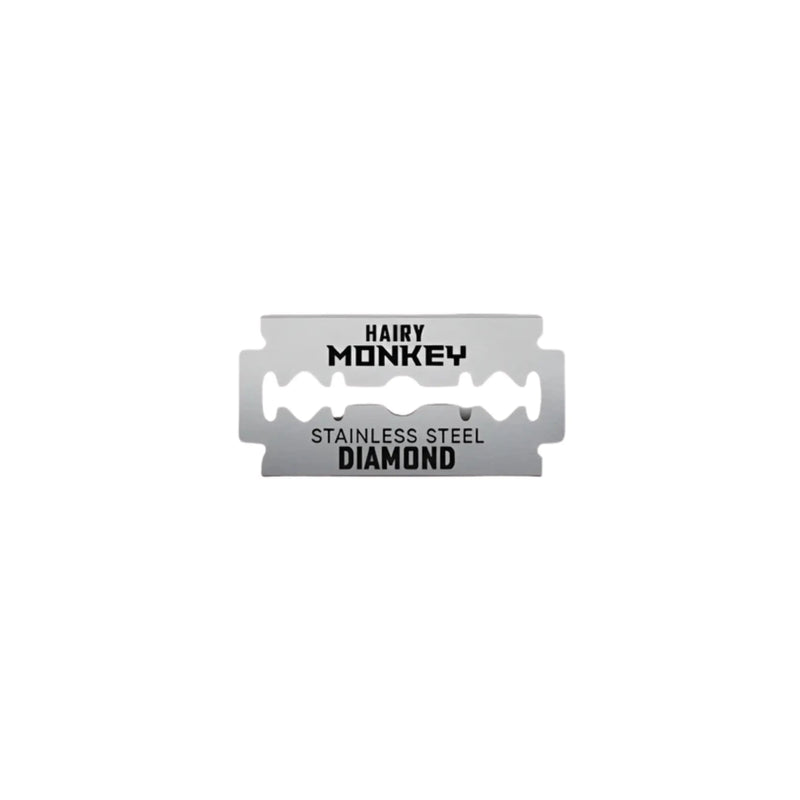 Shaving razor blade with 'Hairy Monkey' branding on a white background