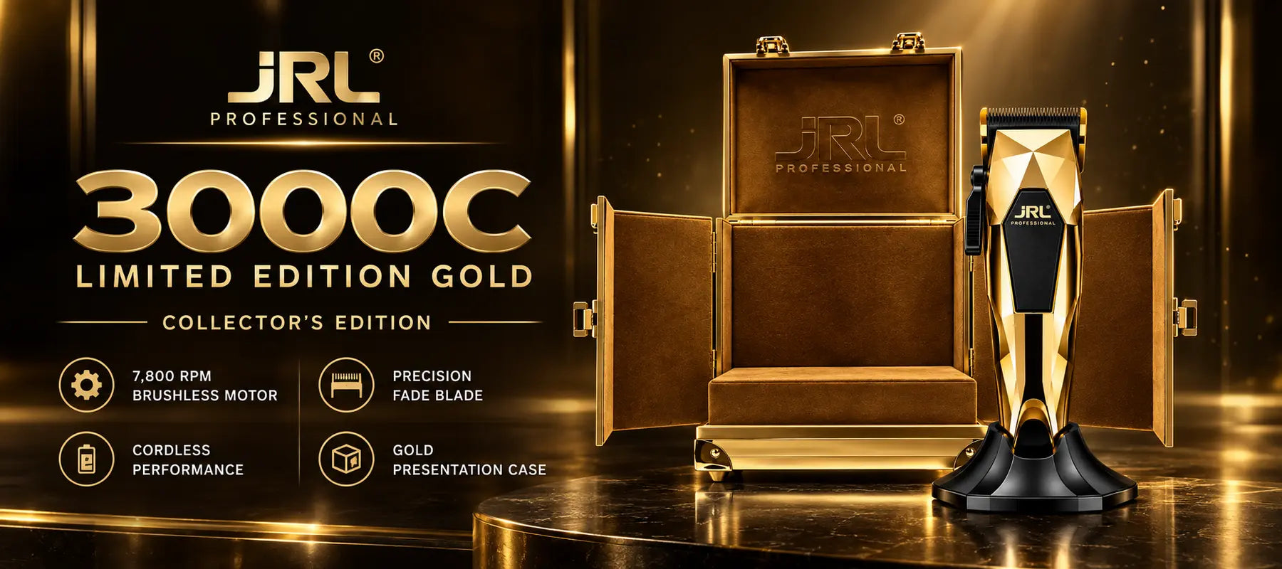 JRL Professional 3000C Limited Edition Gold Clipper featuring a 7,800 RPM brushless motor and collector case