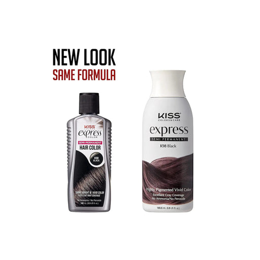 Two bottles of Kiss Express hair color with text 'New Look Same Formula' on a white background.