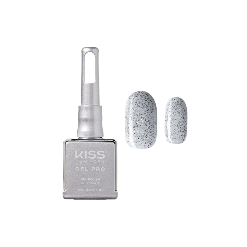Kiss Gel Pro nail polish bottle with a speckled gray nail sample on a white background