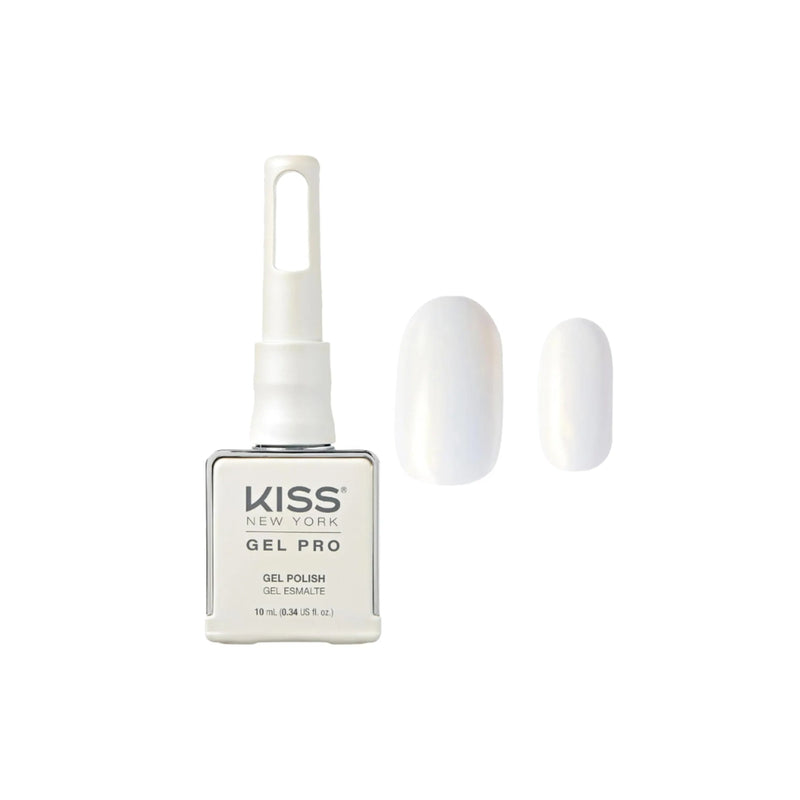 Kiss New York Gel Pro nail polish bottle with a white cap and a sample of white nail polish on a white background.