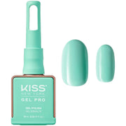 Kiss New York Gel Pro nail polish bottle with a sample of teal nail color on a white background