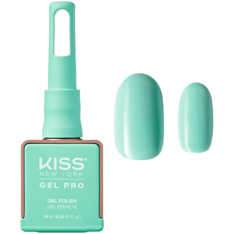 Kiss New York Gel Pro nail polish bottle with a sample of teal nail color on a white background