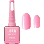 Kiss New York Gel Pro nail polish bottle with pink nail polish and application on a white background
