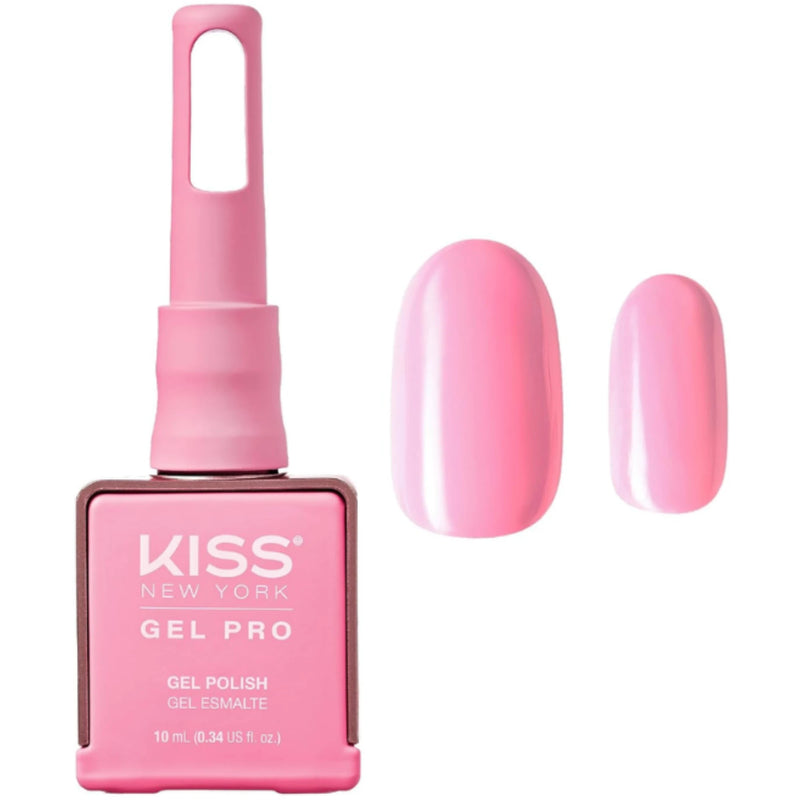 Kiss New York Gel Pro nail polish bottle with pink nail polish and application on a white background