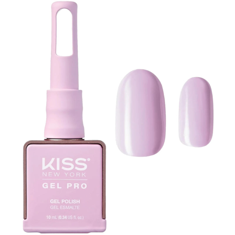 Kiss New York gel polish bottle with a sample of purple nail polish on a white background