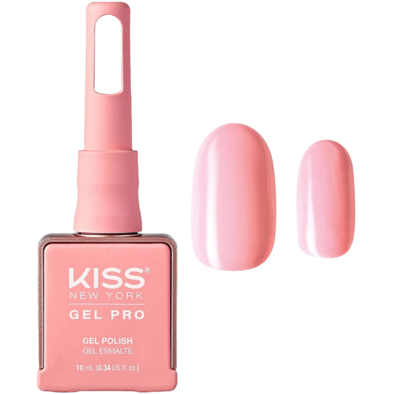 Kiss Gel Pro nail polish bottle with pink nail polish and application on a white background