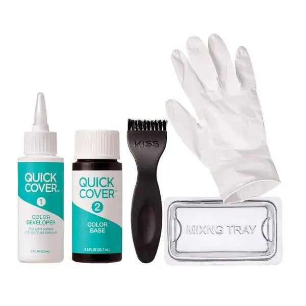 Hair color kit with bottles, brush, gloves, and mixing tray on a white background