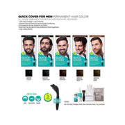 Quick Cover for Men hair color product set with packaging and application tools on a white background.