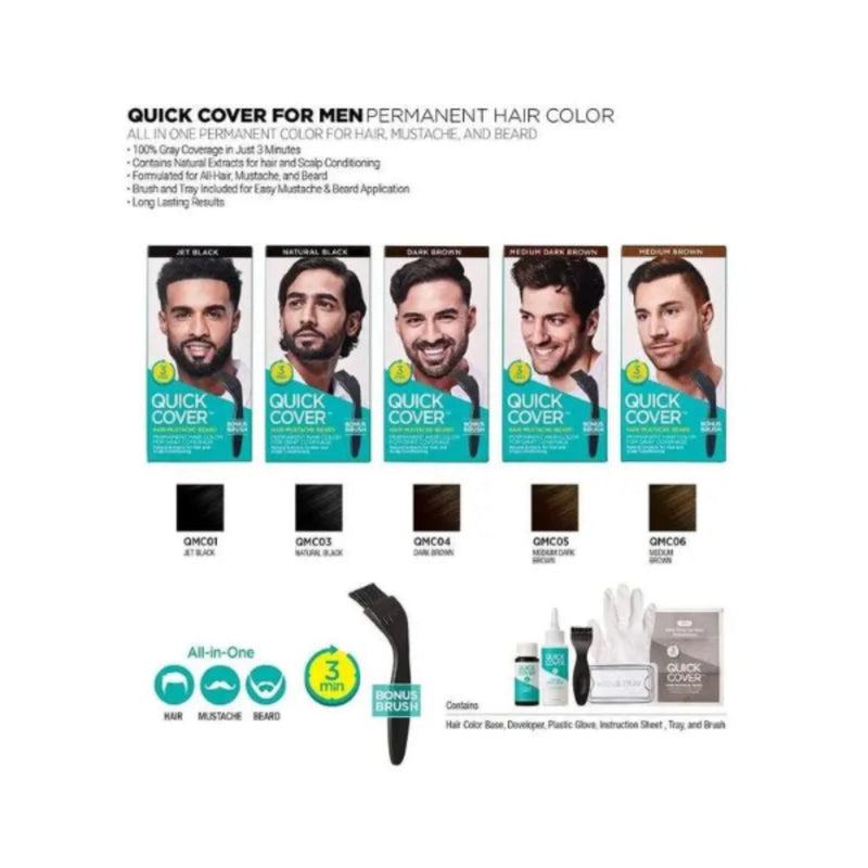 Quick Cover for Men hair color product set with packaging and application tools on a white background.