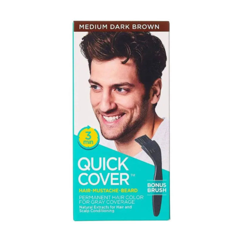 Quick Cover hair color kit packaging with a man's face on a white background