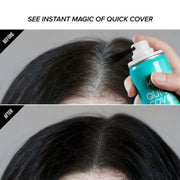 Before and after comparison of hair product application with a hand holding a can labeled 'Quick Cover'.